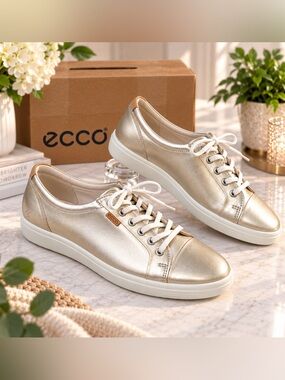 ECCO Metallic Gold Leather Sneakers Lace-Up Casual Shoes EU 42 US 11-11.5